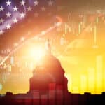 Silhouette of White House with united state of America flag and stock market chart for USA election president related with economy and investment concept.
