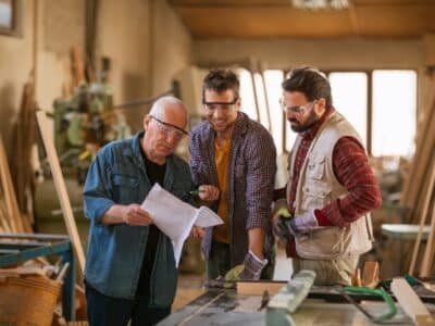 Multigenerational,Group,Of,Carpenters,Working,Together,In,A,Woodworking,Workshop