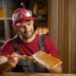 An,Experienced,Carpenter,Applies,Impregnation,To,A,Wooden,Board,In