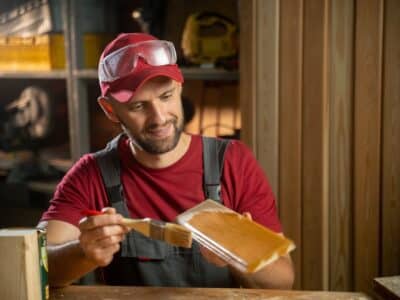 An,Experienced,Carpenter,Applies,Impregnation,To,A,Wooden,Board,In