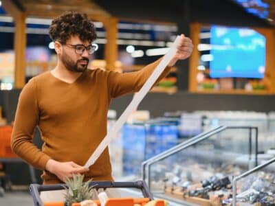Customer,Checking,An,Extensive,Grocery,Receipt,While,Shopping,In,A