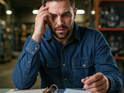 Frustrated,Maintenance,Staff,Looking,At,Old,,Raggidy,Binder,Labelled,&rdquo;equipment